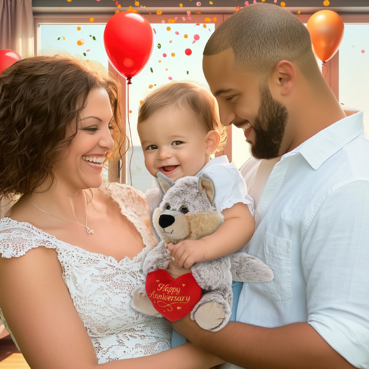 SUPER-SOFT PLUSH - SITTING WOLF WITH HAPPY ANNIVERSARY HEART