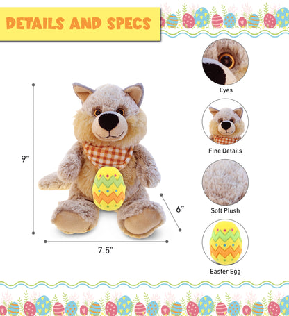 DolliBu Super Soft Cute Sitting Wolf with Yellow Easter Egg Plush - 9 Inches