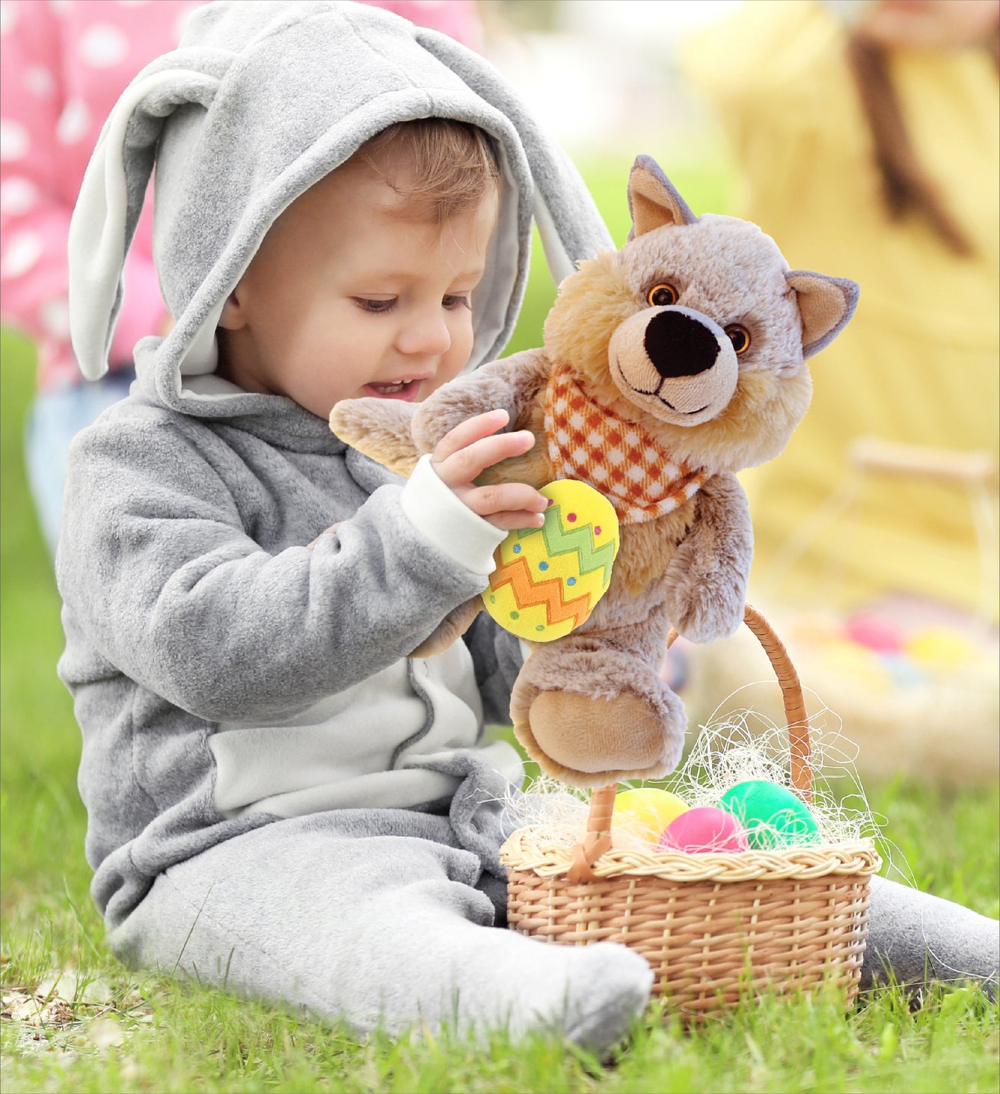 DolliBu Super Soft Cute Sitting Wolf with Yellow Easter Egg Plush - 9 Inches