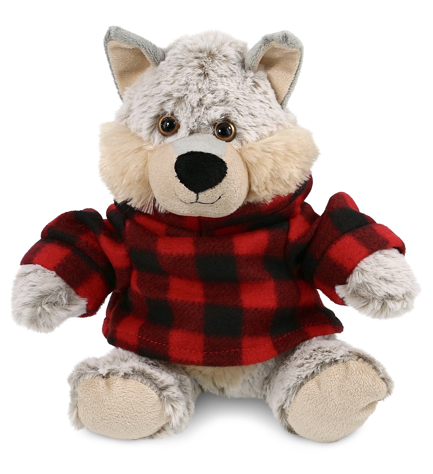 PLUSH RED PLAID HOODIE - SUPER-SOFT PLUSH - SITTING WOLF