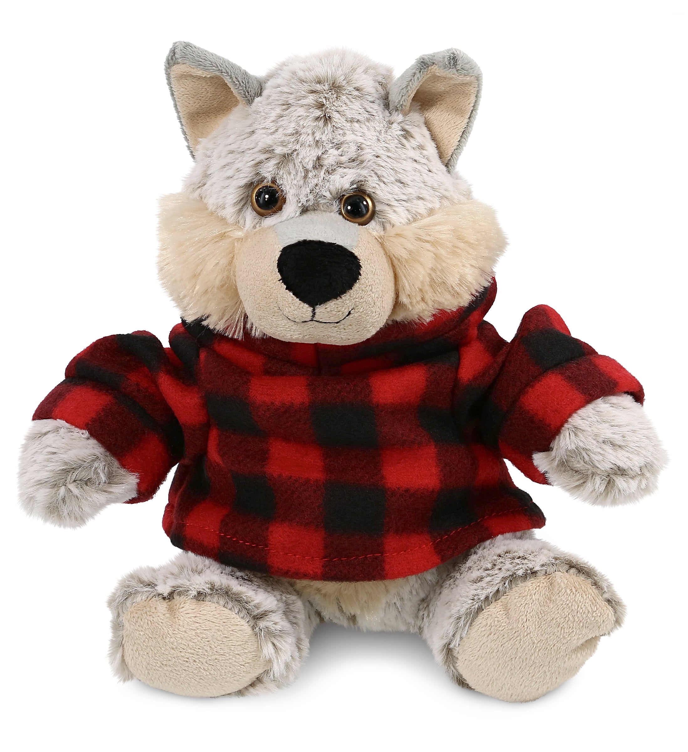 PLUSH RED PLAID HOODIE - SUPER-SOFT PLUSH - SITTING WOLF