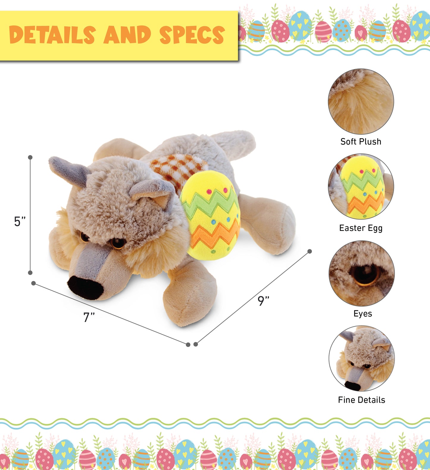 DolliBu Super Soft Lying Wolf with Yellow Easter Egg Plush Toy - 9 Inches