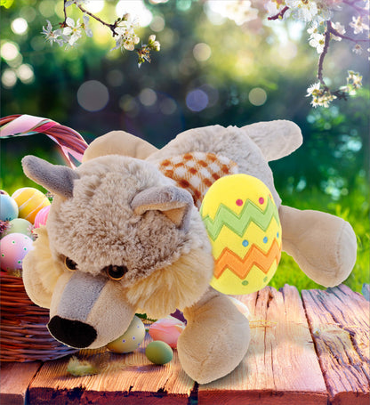 DolliBu Super Soft Lying Wolf with Yellow Easter Egg Plush Toy - 9 Inches