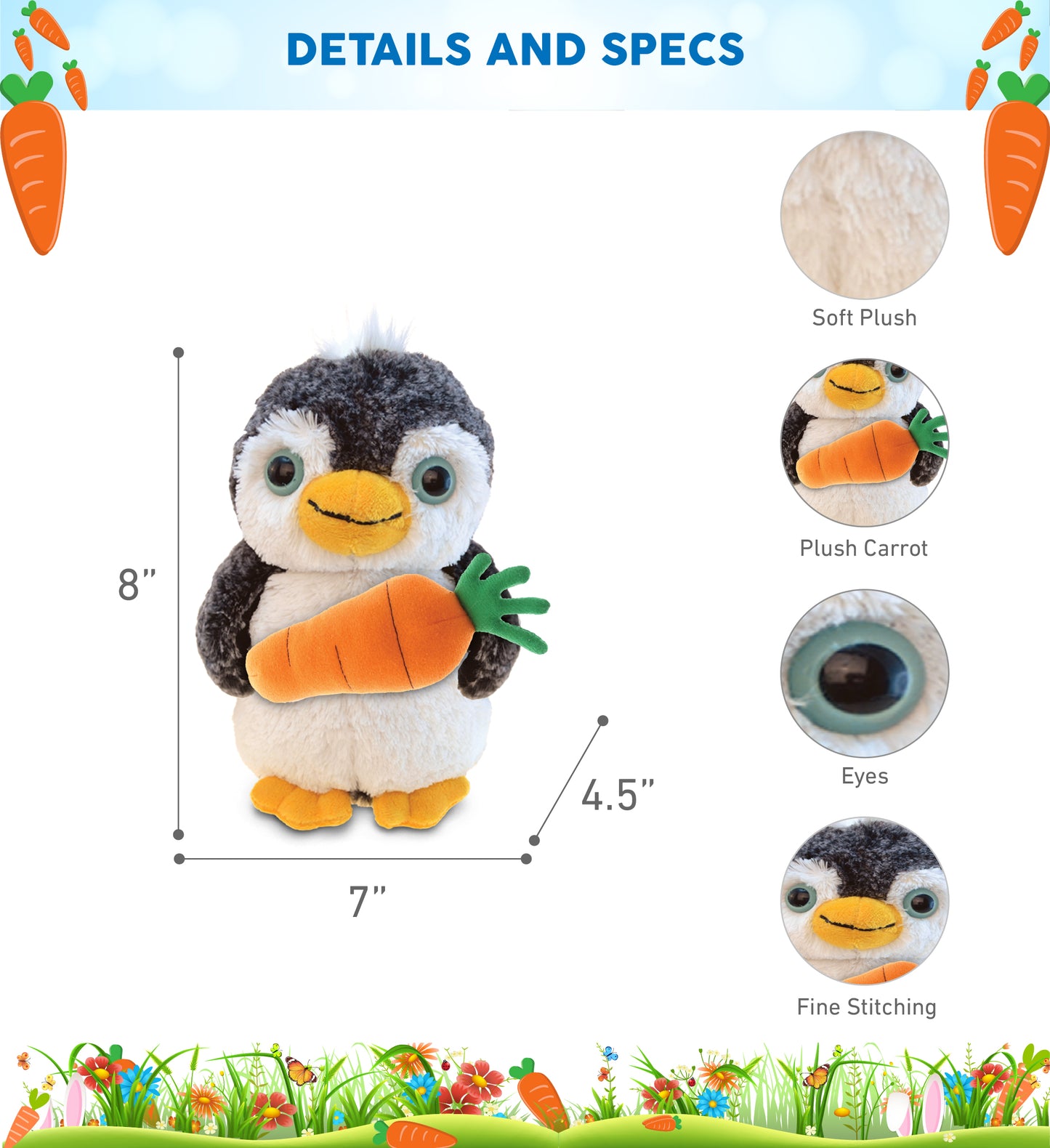 DolliBu Happy Easter Super Soft Plush Penguin with Carrot Plush Toy - 8 Inches