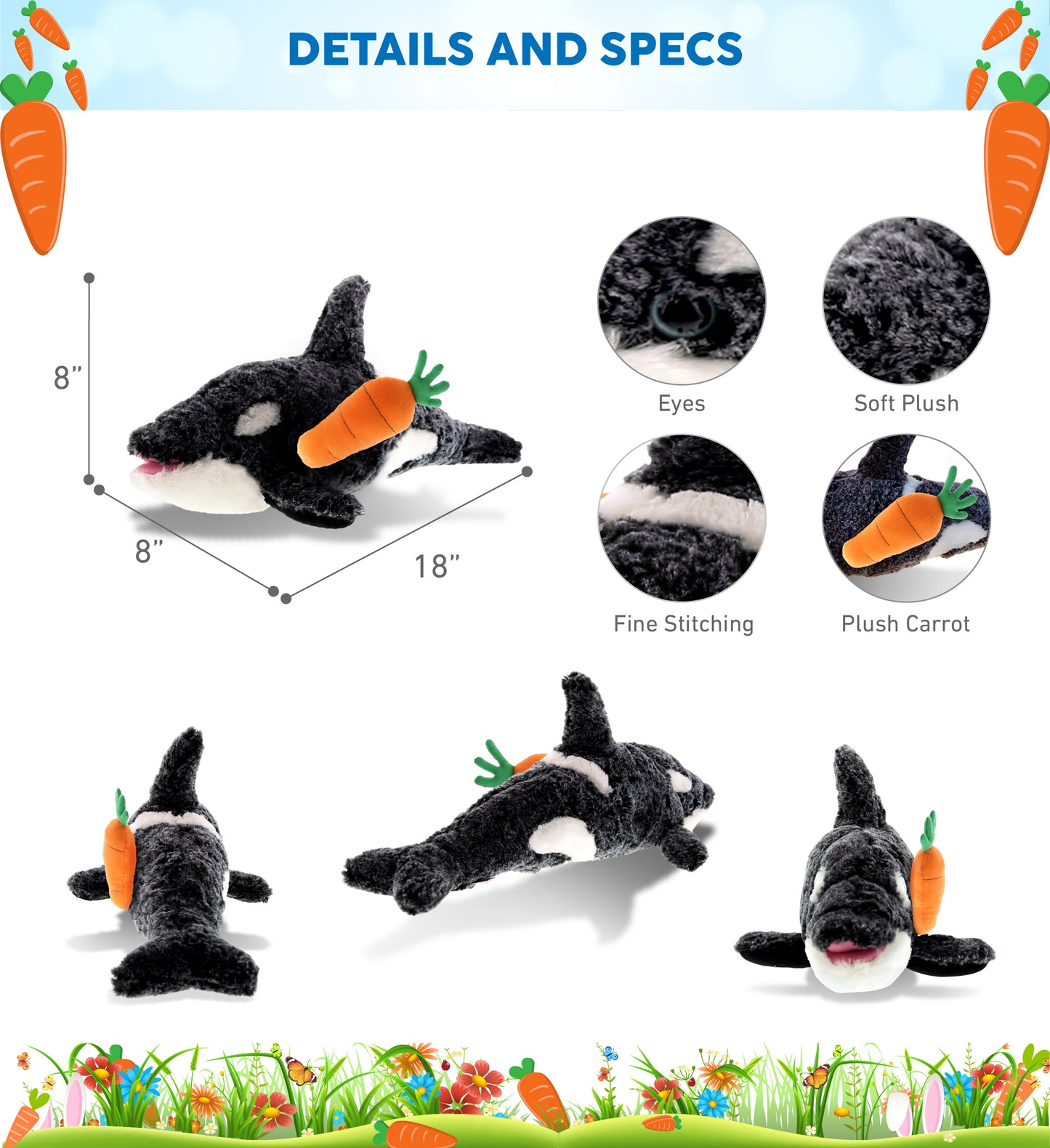 DolliBu Happy Easter Super Soft Plush Killer Whale with Carrot Plush - 18 Inch
