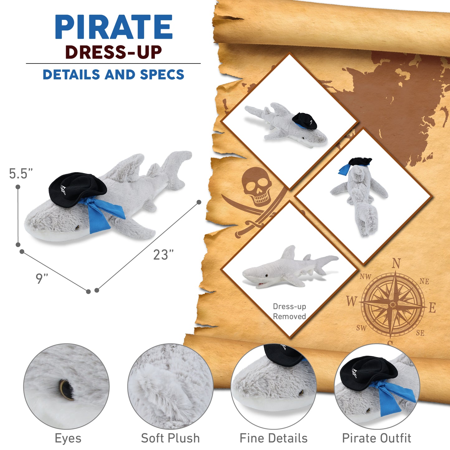 SUPER-SOFT PLUSH - SHARK WITH PIRATE DRESS UP