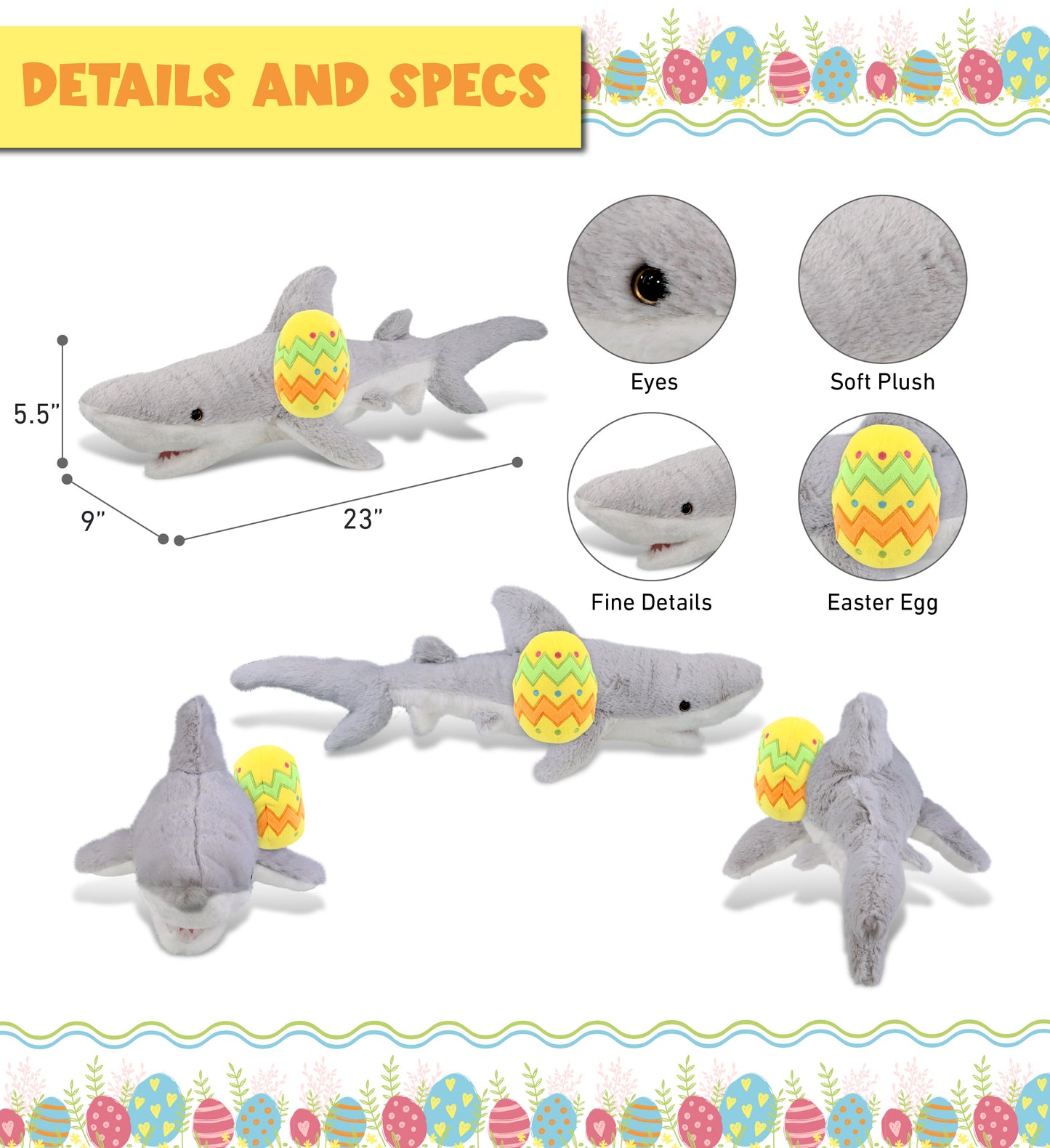 DolliBu Super Soft Cute Shark with Yellow Easter Egg Plush Toy - 23 Inches