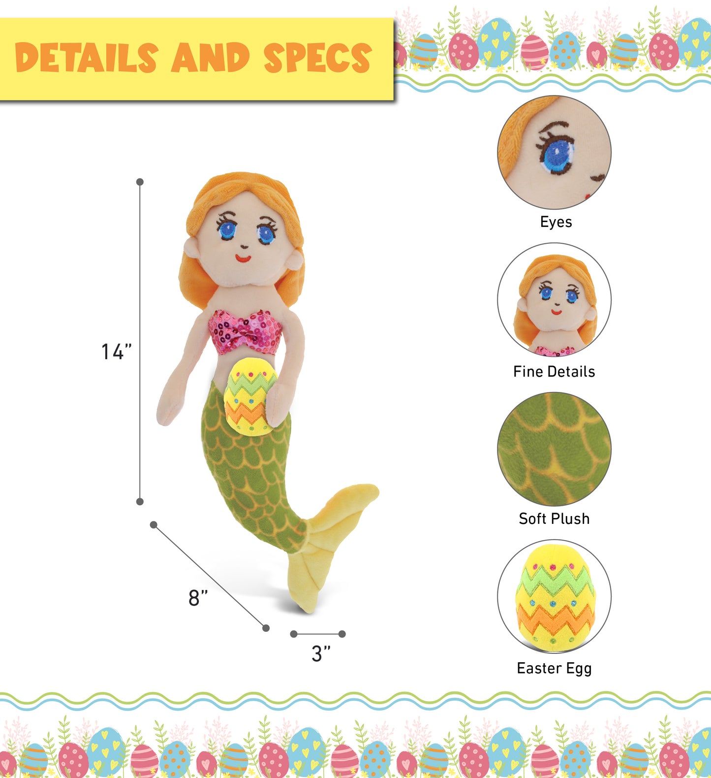 DolliBu Super Soft Green Mermaid with Yellow Easter Egg Plush Toy - 14 Inches