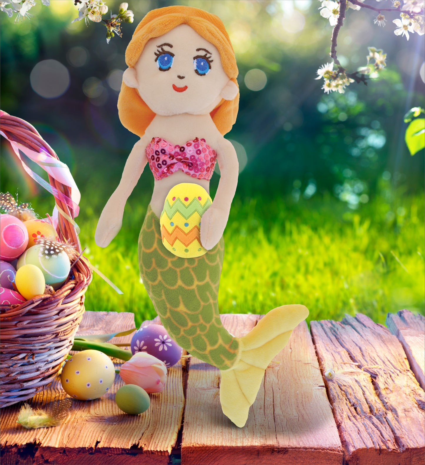 DolliBu Super Soft Green Mermaid with Yellow Easter Egg Plush Toy - 14 Inches