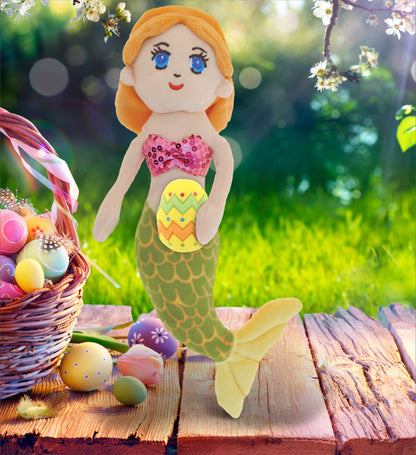 DolliBu Super Soft Green Mermaid with Yellow Easter Egg Plush Toy - 14 Inches