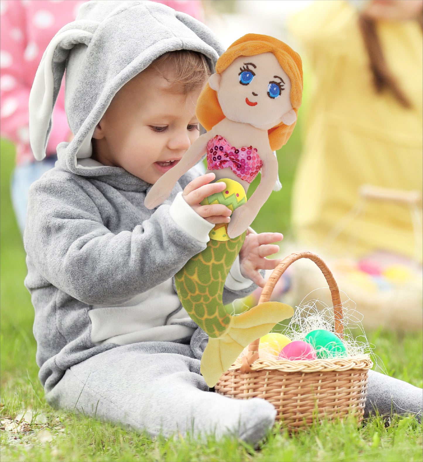 DolliBu Super Soft Green Mermaid with Yellow Easter Egg Plush Toy - 14 Inches