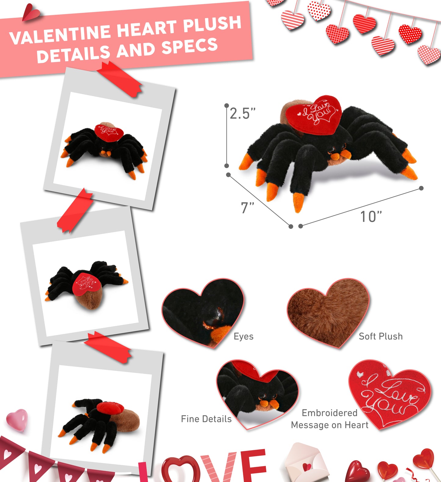 PLUSH I LOVE YOU RED HEART - SUPER-SOFT PLUSH - WILD TARANTULA SPIDER 7"