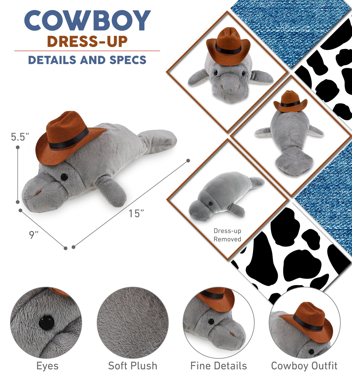 WILD COLLECTION PLUSH - 15" GREY MANATEE COWBOY DRESS UP