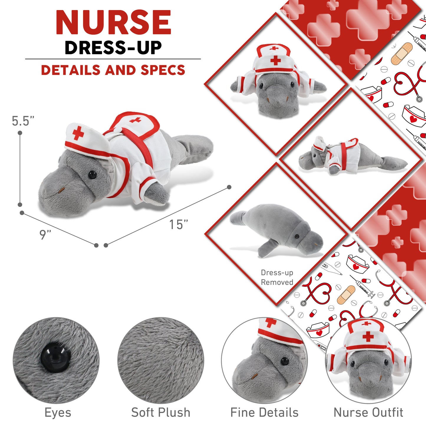 WILD COLLECTION PLUSH - 15" GREY MANATEE NURSE