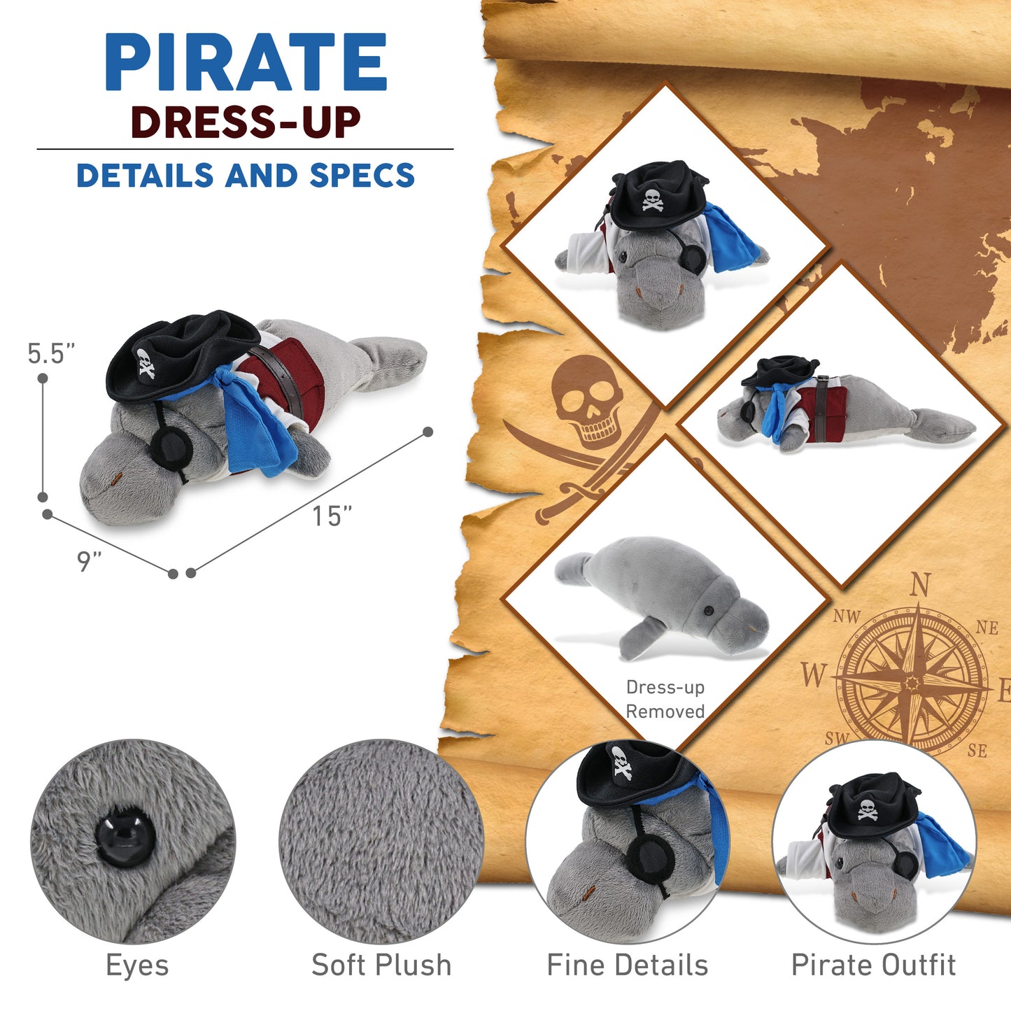 WILD COLLECTION PLUSH - 15" GREY MANATEE PIRATE DRESS UP