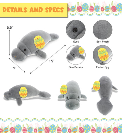 DolliBu Super Soft Grey Manatee with Yellow Easter Egg Plush Toy - 15 Inches