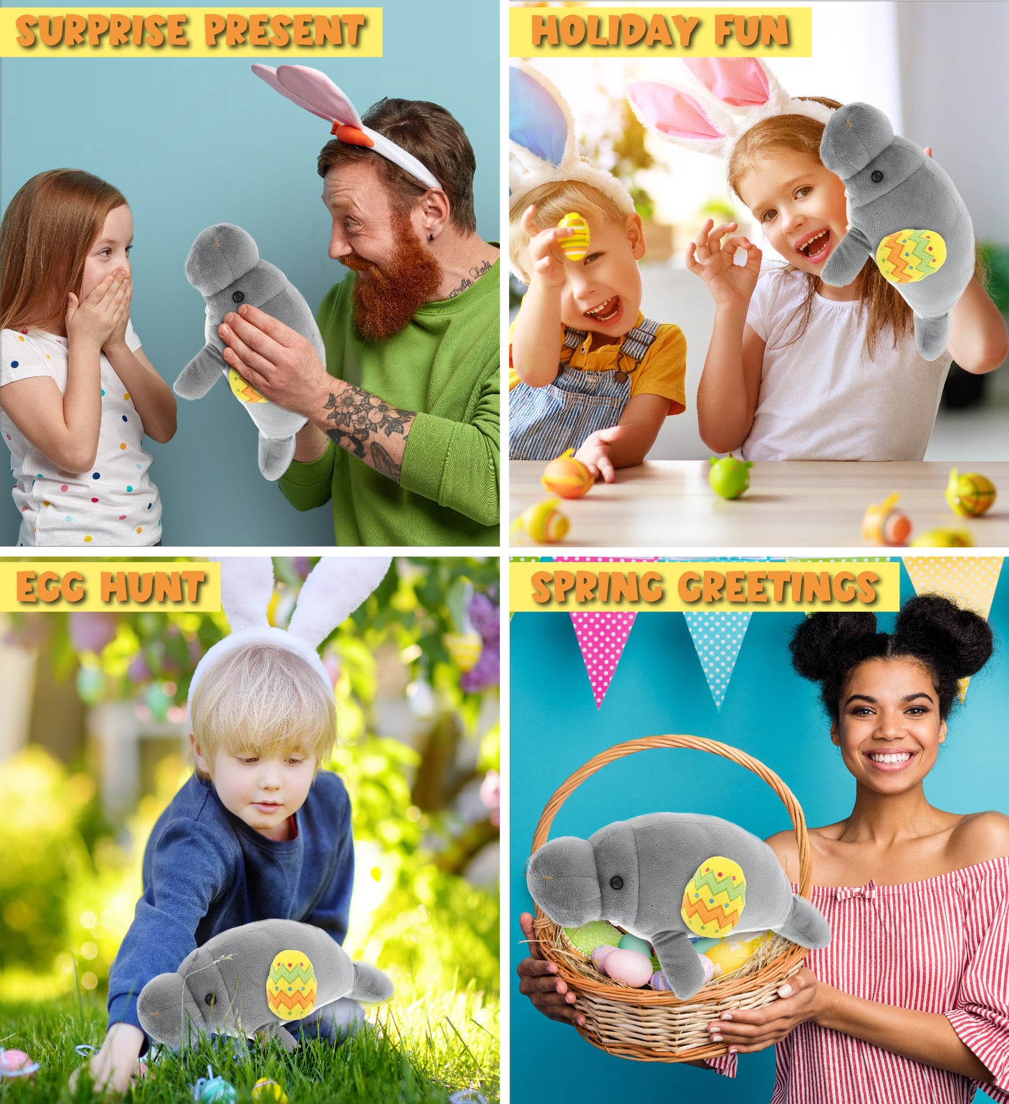 DolliBu Super Soft Grey Manatee with Yellow Easter Egg Plush Toy - 15 Inches