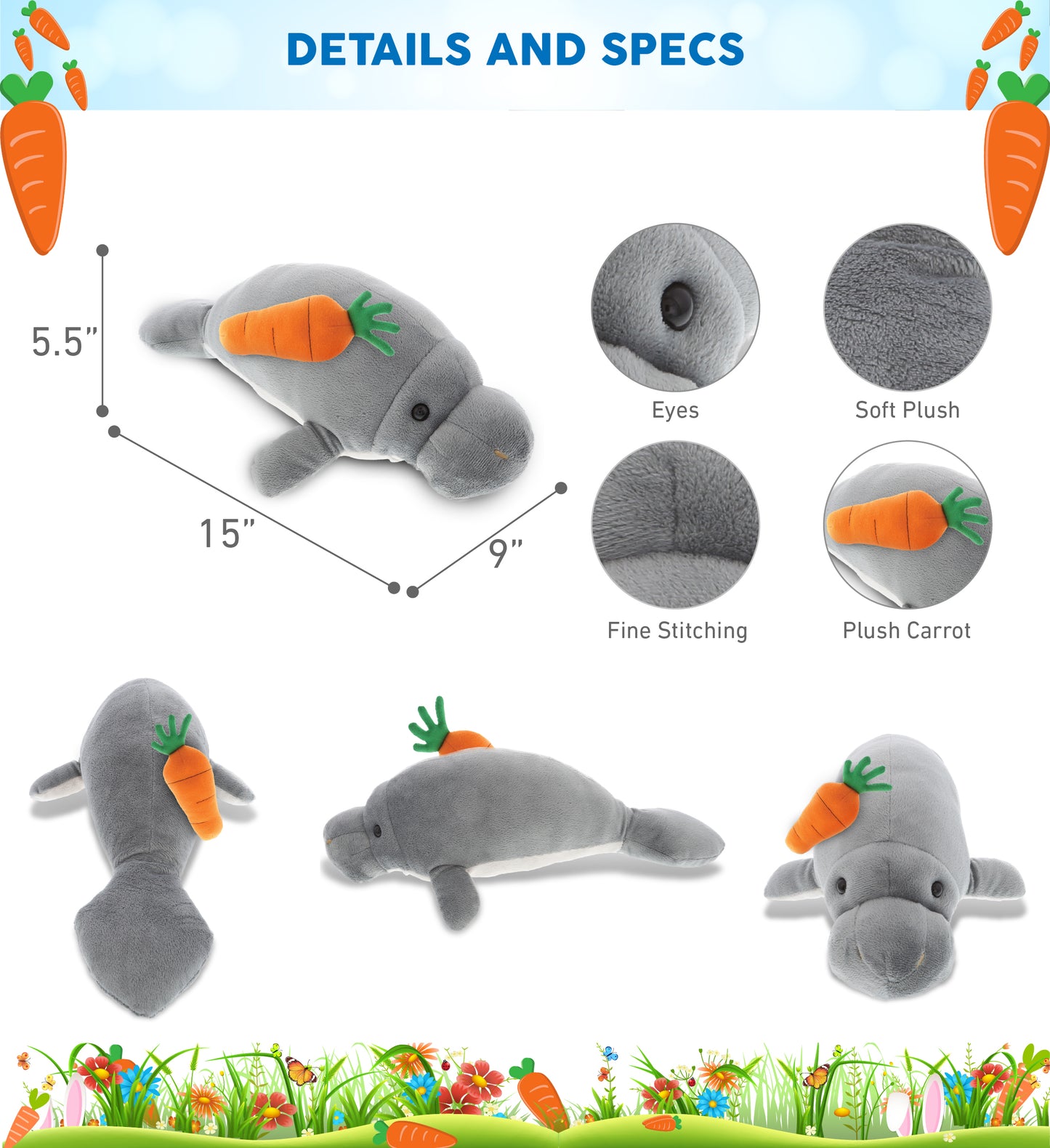 DolliBu Happy Easter Super Soft Plush Grey Manatee with Carrot Plush - 15 Inch