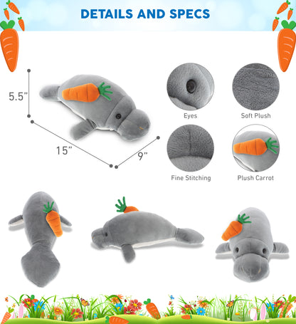 DolliBu Happy Easter Super Soft Plush Grey Manatee with Carrot Plush - 15 Inch
