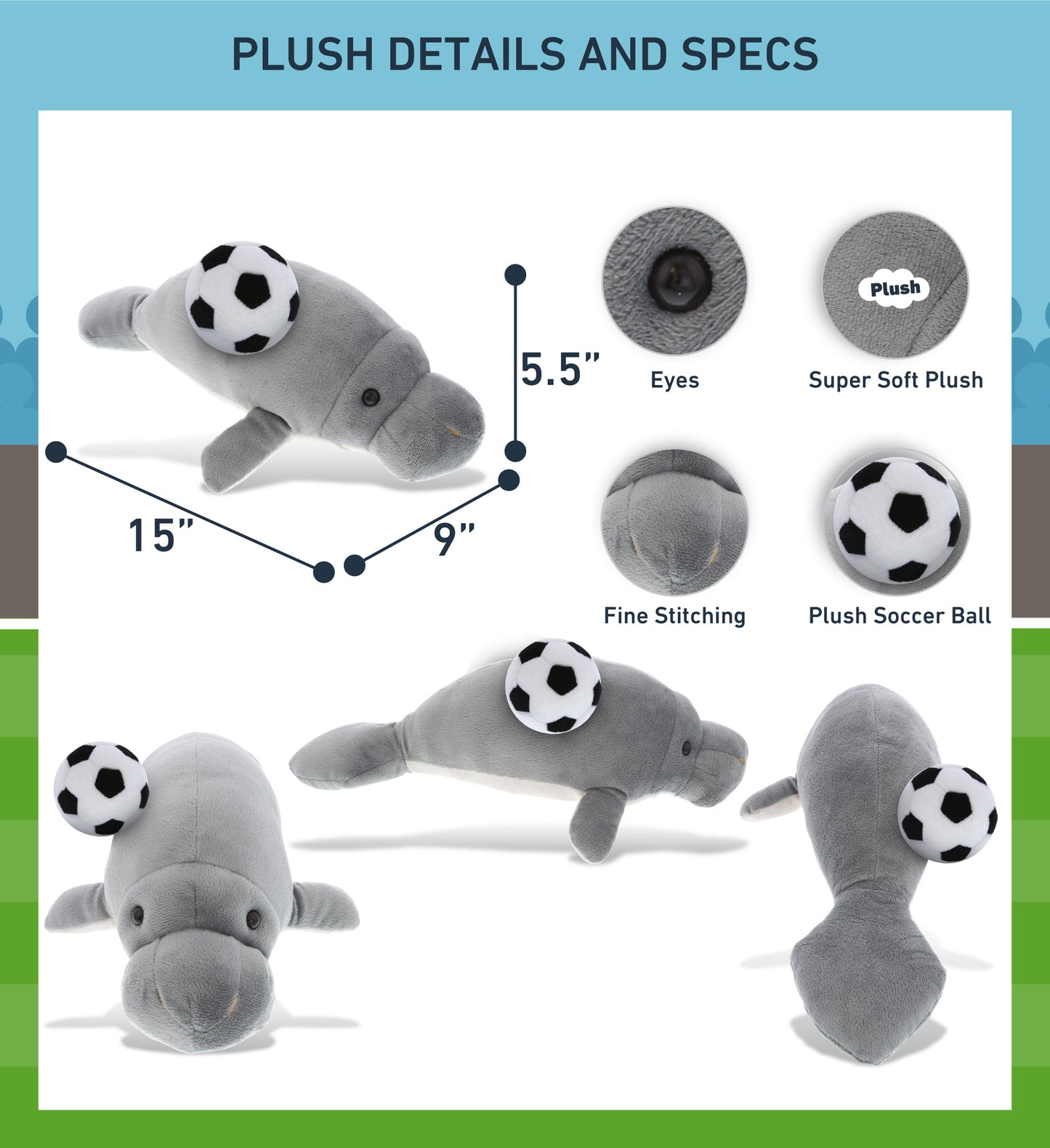 WILD COLLECTION PLUSH - 15" GREY MANATEE