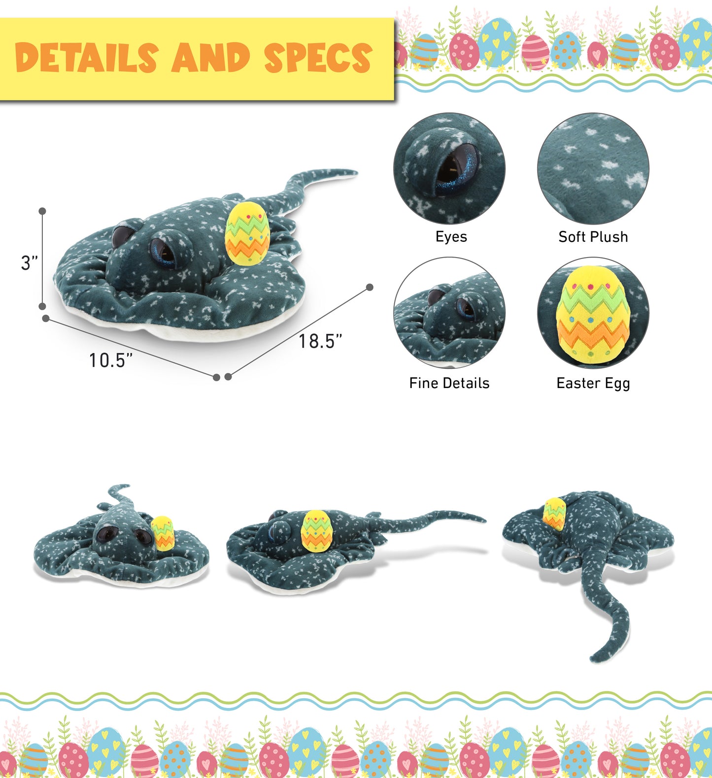 DolliBu Super Soft Spotted Grey Ray with Yellow Easter Egg Plush - 18.5 Inches