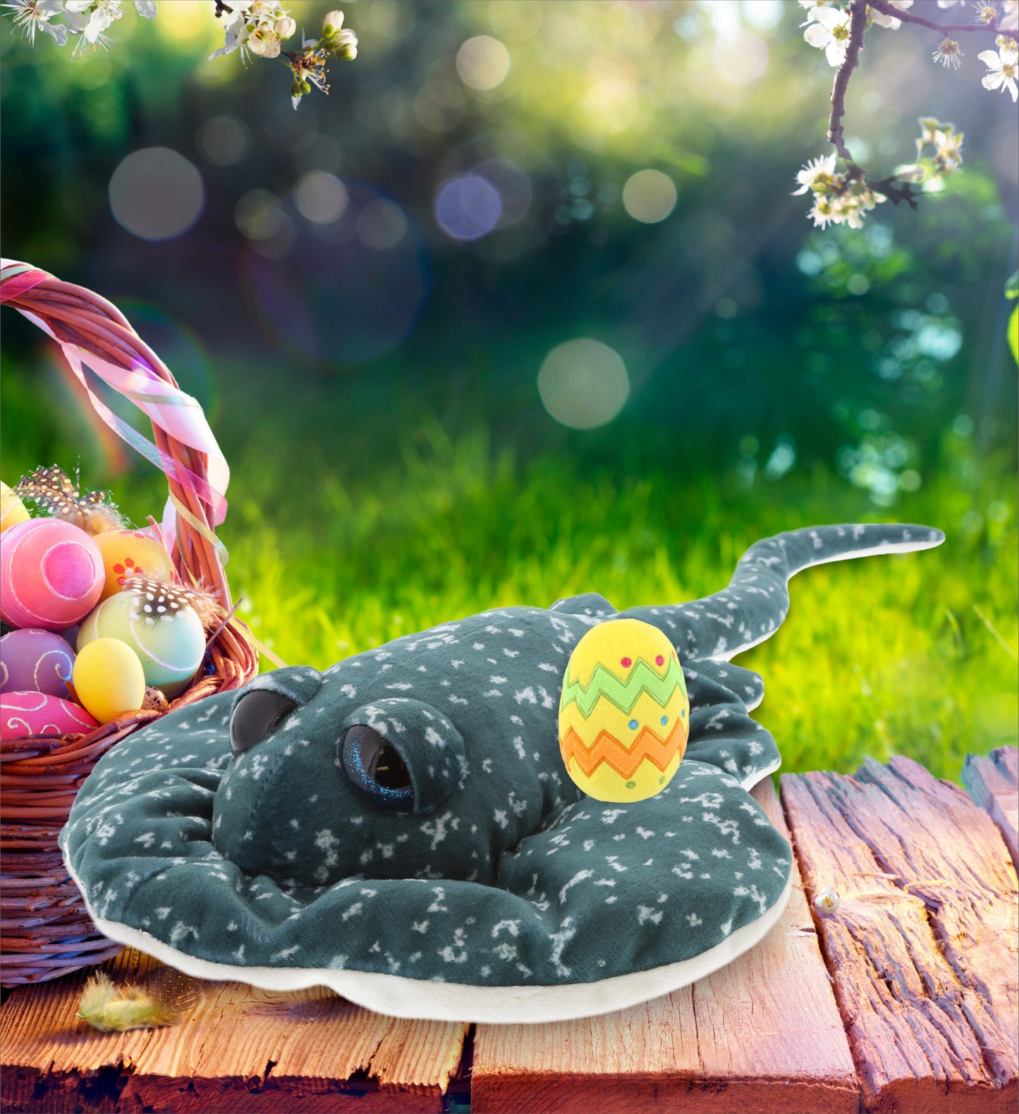 DolliBu Super Soft Spotted Grey Ray with Yellow Easter Egg Plush - 18.5 Inches