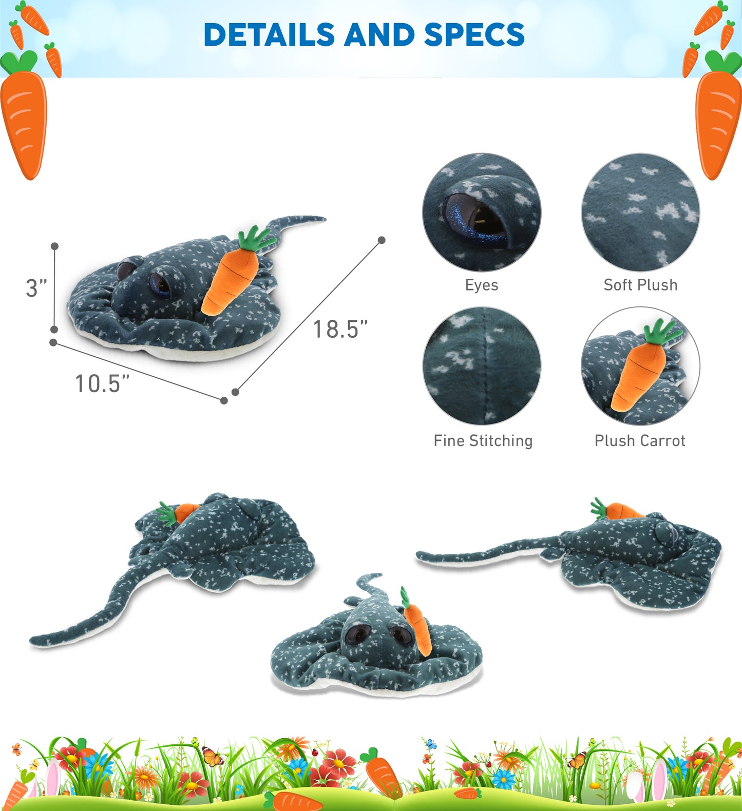 DolliBu Happy Easter Super Soft Plush Spotted Grey Ray with Carrot - 18.5 Inch