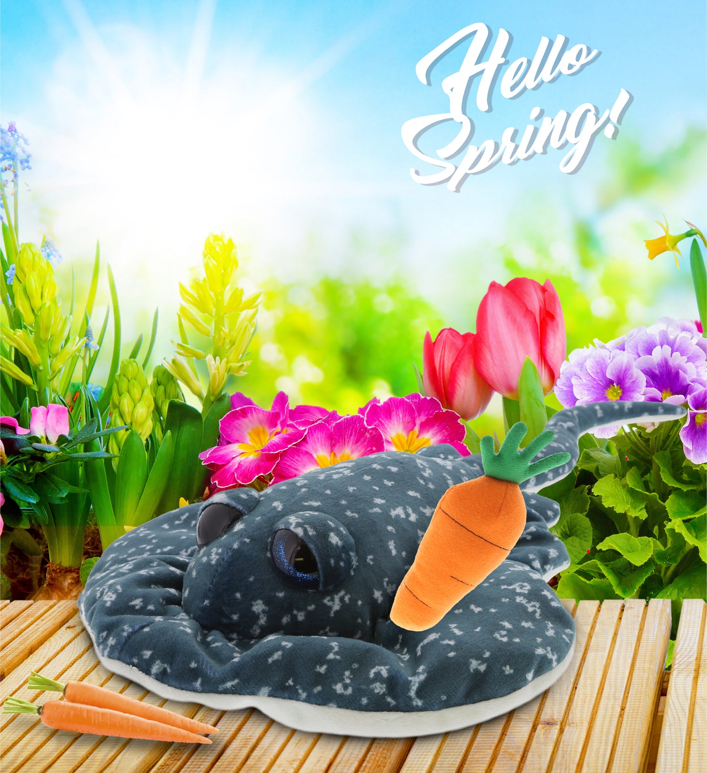 DolliBu Happy Easter Super Soft Plush Spotted Grey Ray with Carrot - 18.5 Inch