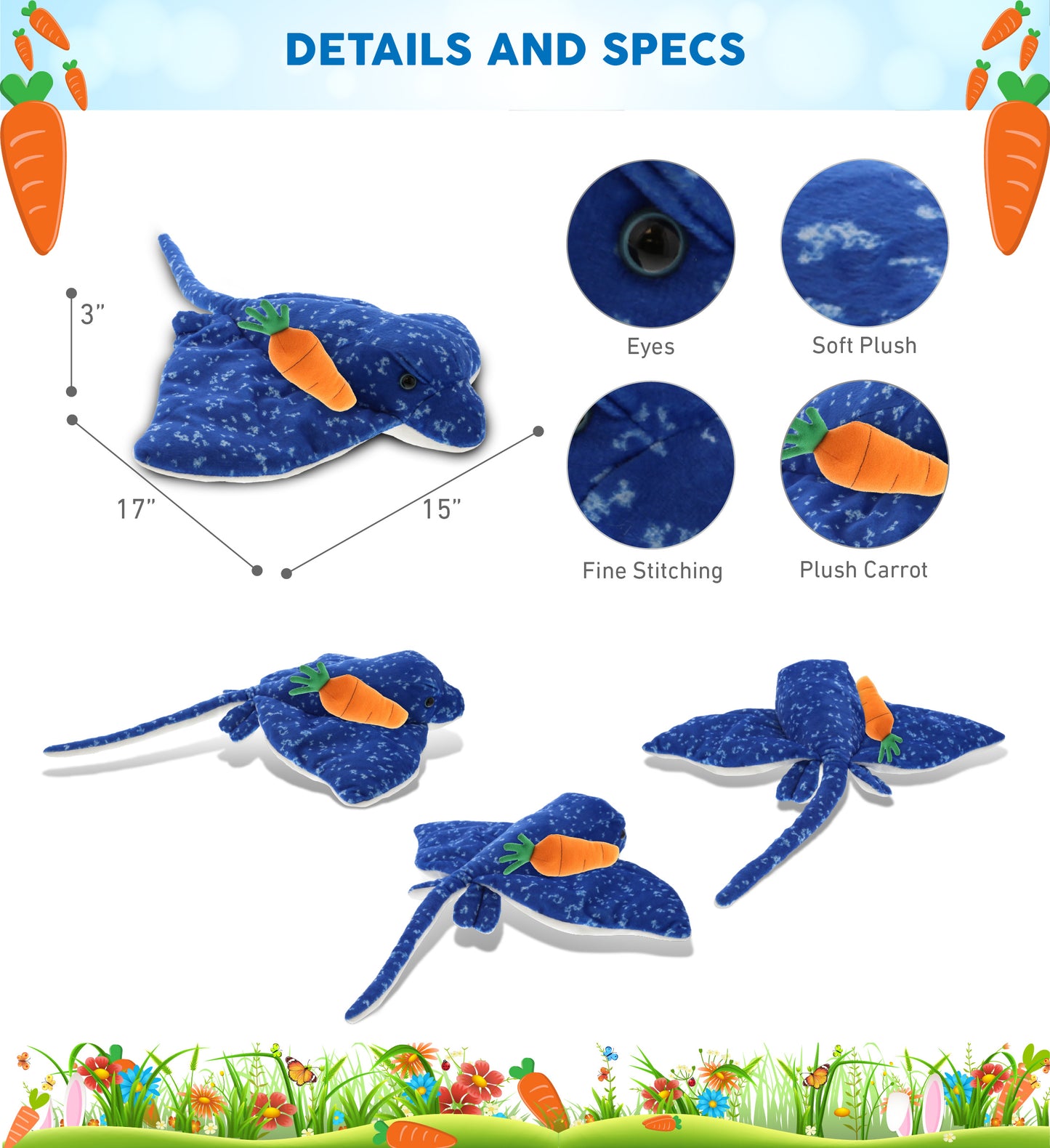 DolliBu Happy Easter Super Soft Plush Spotted Blue Ray with Carrot - 17 Inches