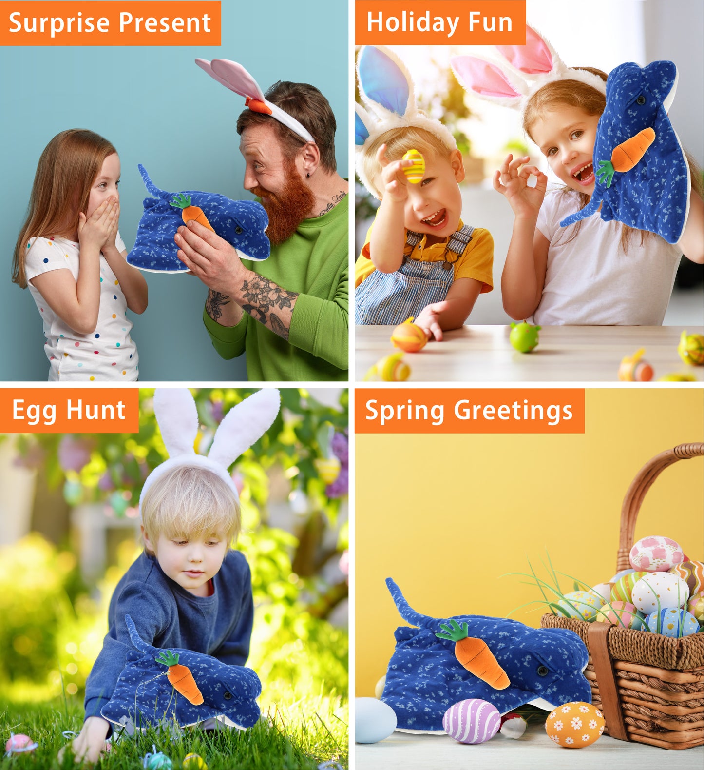 DolliBu Happy Easter Super Soft Plush Spotted Blue Ray with Carrot - 17 Inches