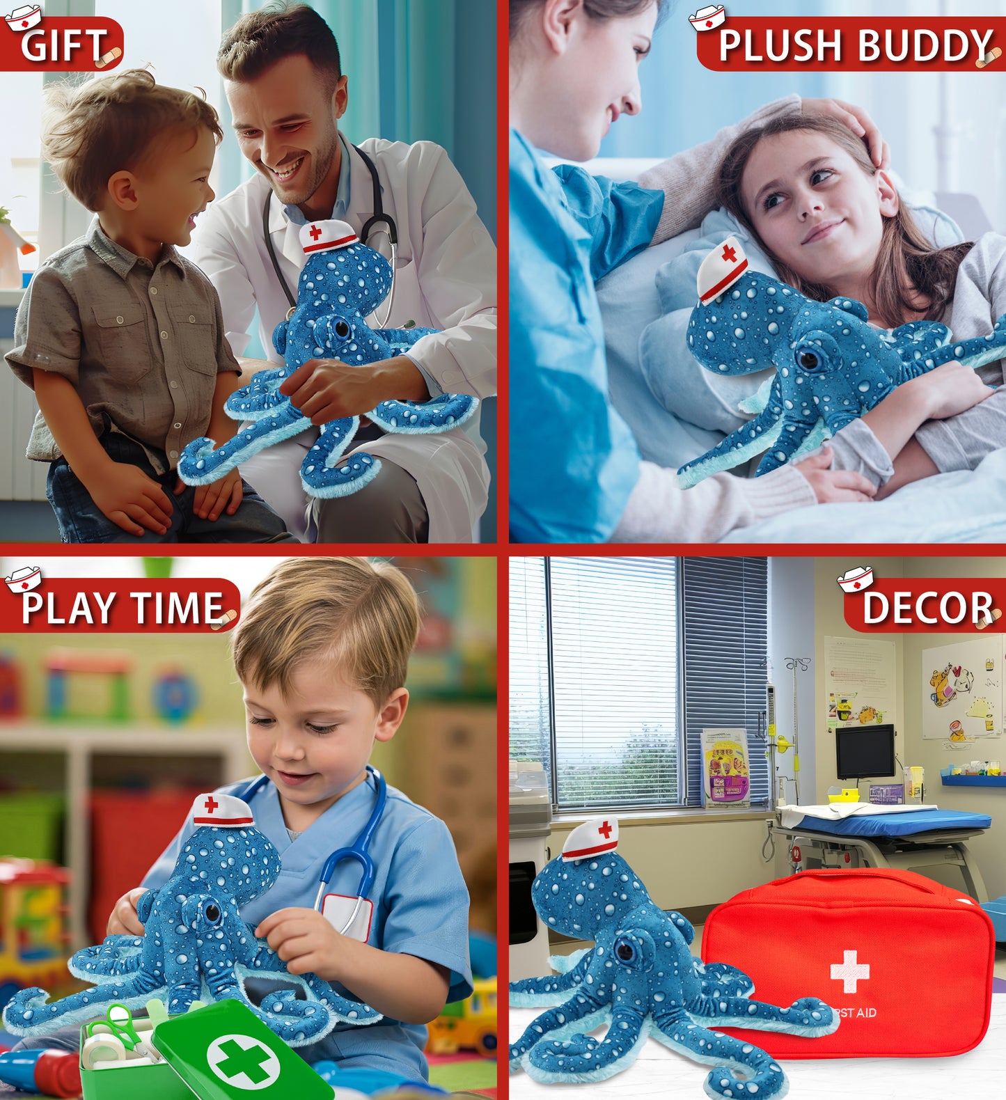 WILD COLLECTION PLUSH - 16" BLUE OCTOPUS With NURSE Dress-Up