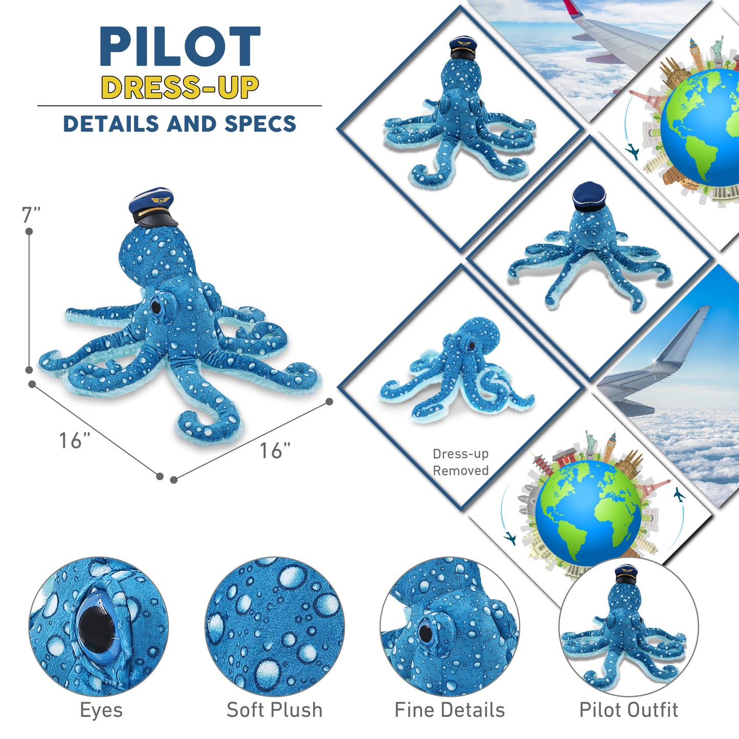WILD COLLECTION PLUSH - 16" BLUE OCTOPUS WITH PILOT DRESS UP