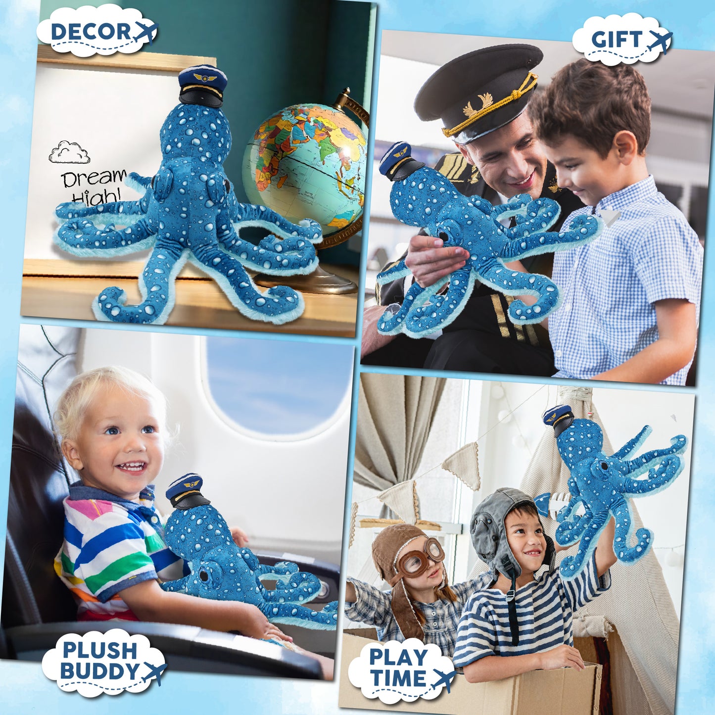 WILD COLLECTION PLUSH - 16" BLUE OCTOPUS WITH PILOT DRESS UP