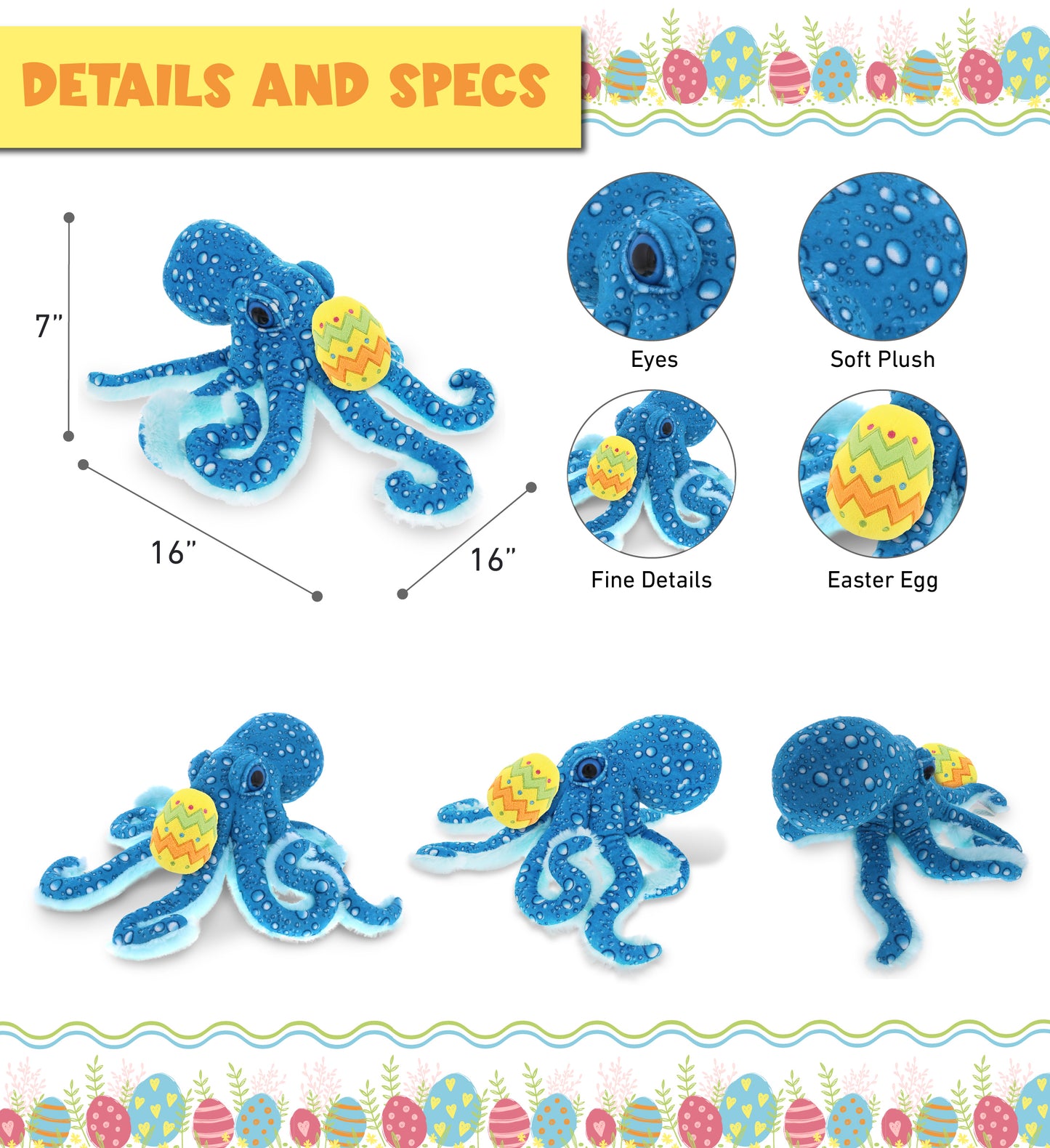 DolliBu Wild Collection Blue Octopus with Yellow Easter Egg Plush - 16 Inches