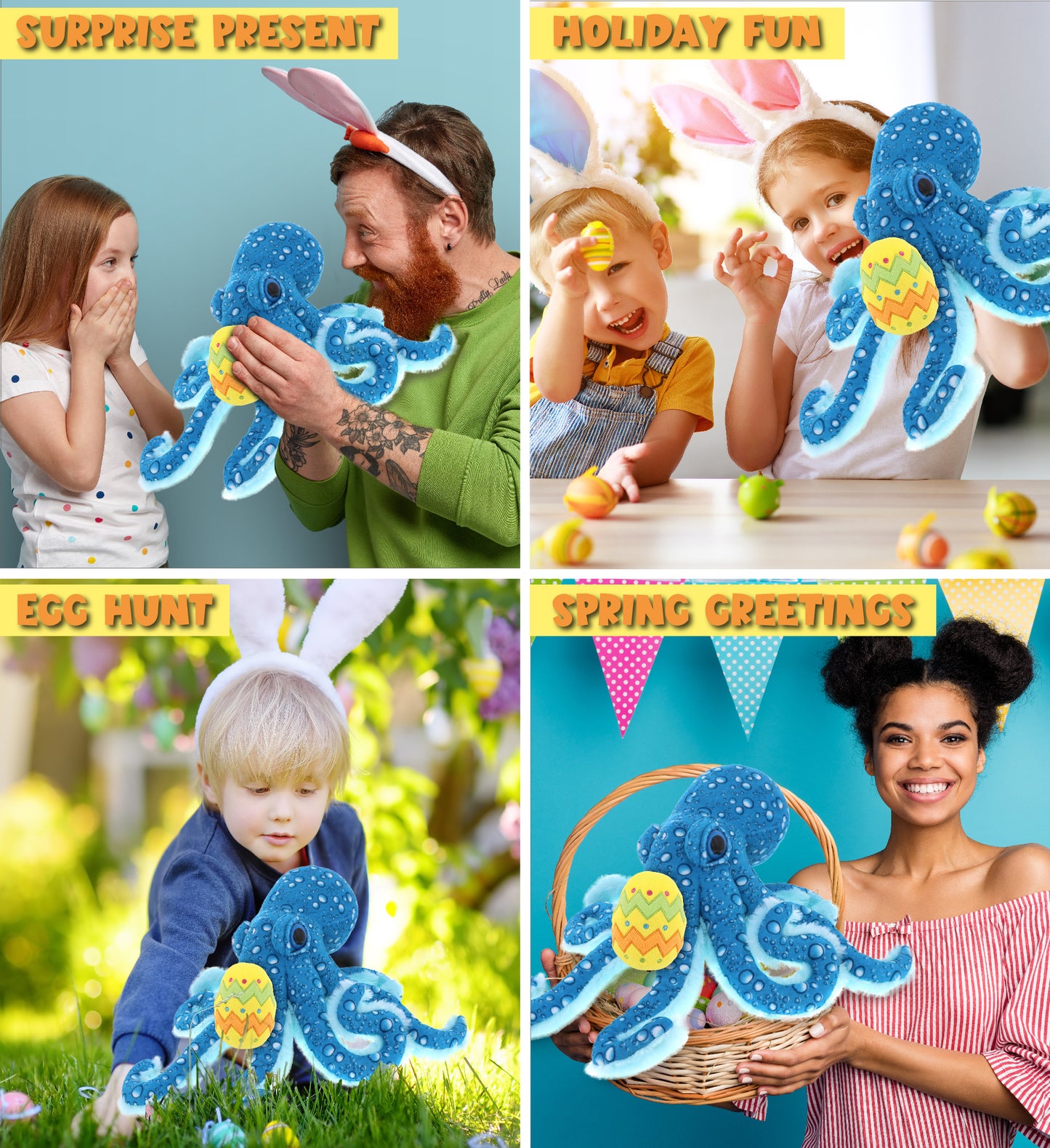 DolliBu Wild Collection Blue Octopus with Yellow Easter Egg Plush - 16 Inches
