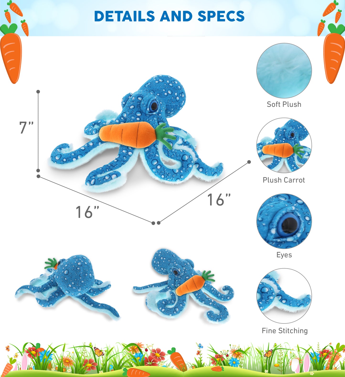 DolliBu Happy Easter Super Soft Plush Blue Octopus with Carrot Plush - 16 Inch