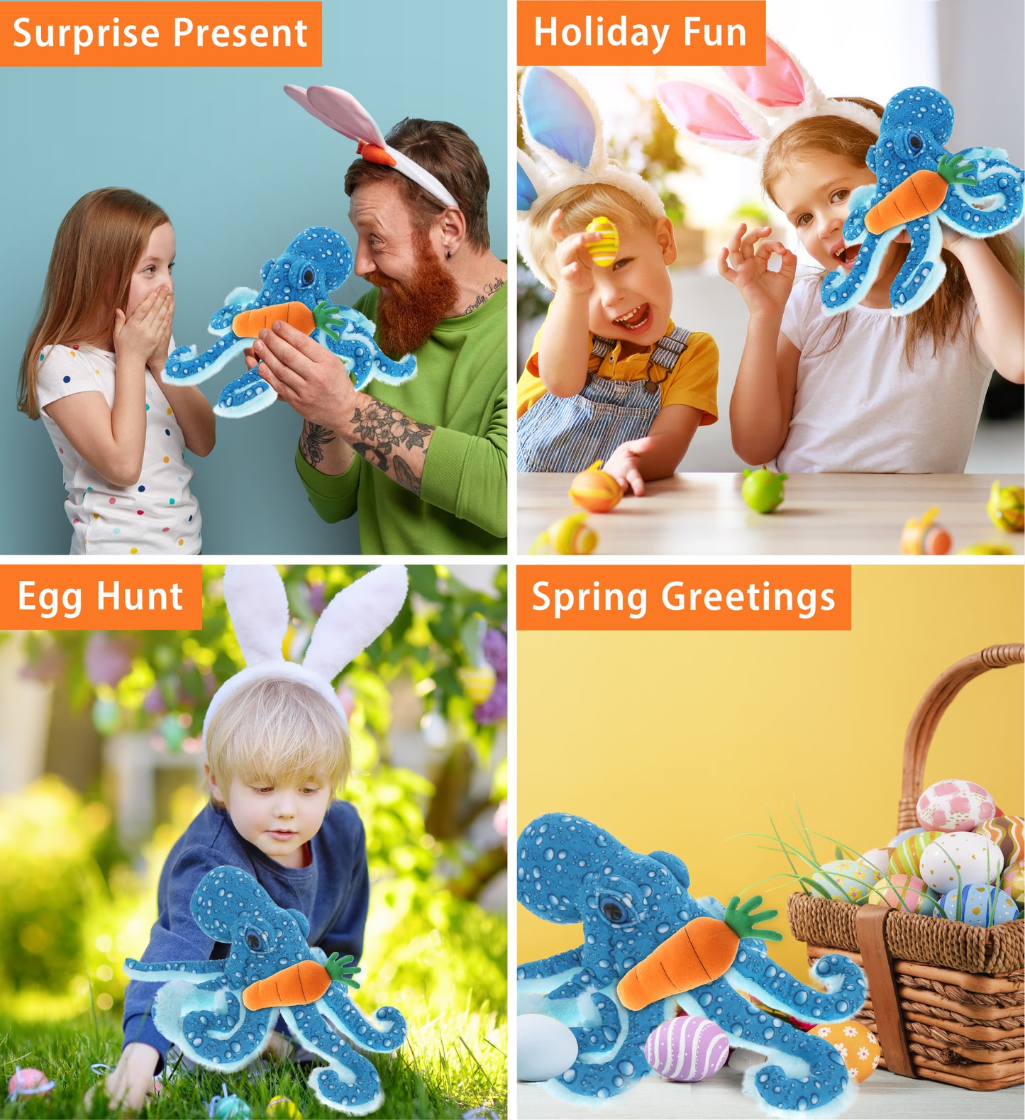 DolliBu Happy Easter Super Soft Plush Blue Octopus with Carrot Plush - 16 Inch