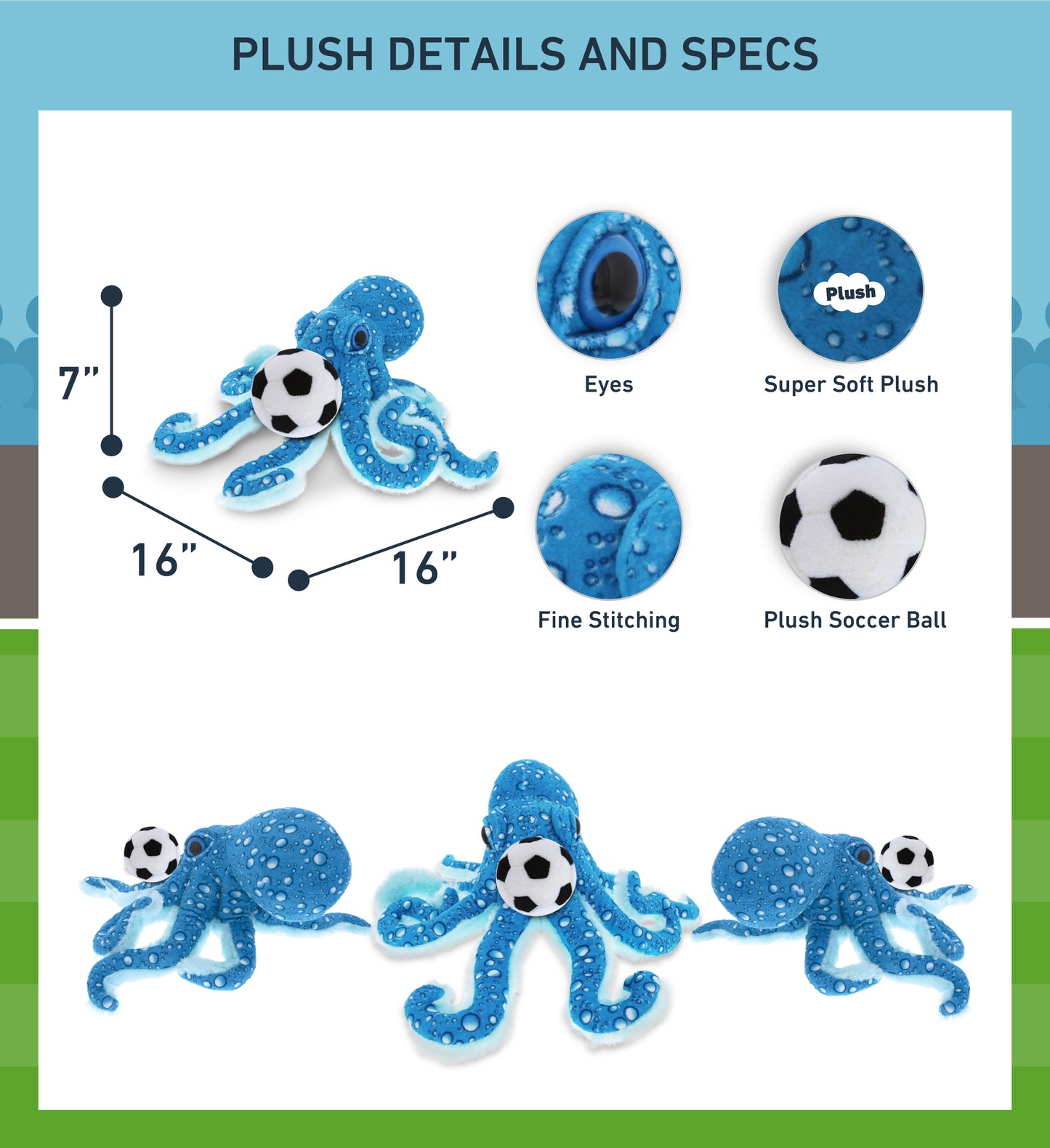 WILD COLLECTION PLUSH - 16" BLUE OCTOPUS