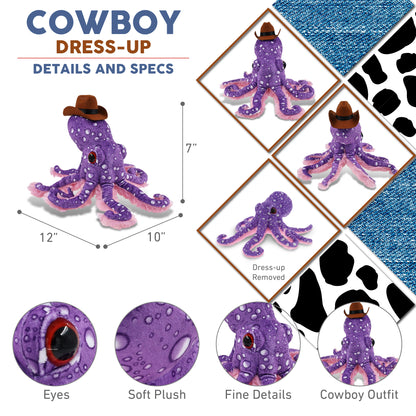 WILD COLLECTION PLUSH - 12" PURPLE OCTOPUS With COWBOY Dress Up