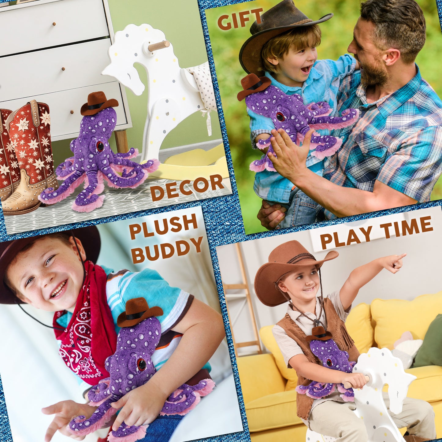 WILD COLLECTION PLUSH - 12" PURPLE OCTOPUS With COWBOY Dress Up