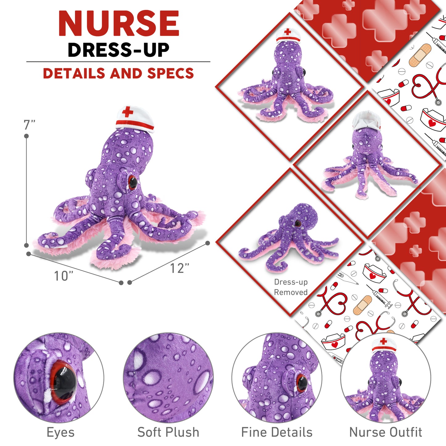 WILD COLLECTION PLUSH - 12" PURPLE OCTOPUS NURSE