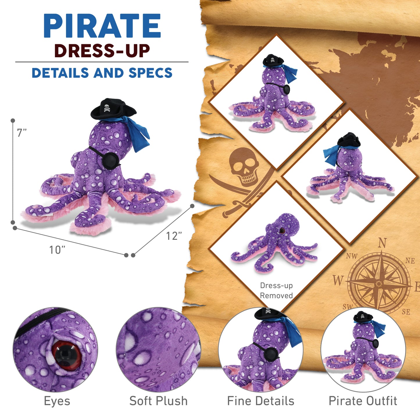 WILD COLLECTION PLUSH - 12" PURPLE OCTOPUS PIRATE DRESS UP