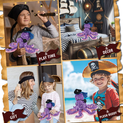 WILD COLLECTION PLUSH - 12" PURPLE OCTOPUS PIRATE DRESS UP