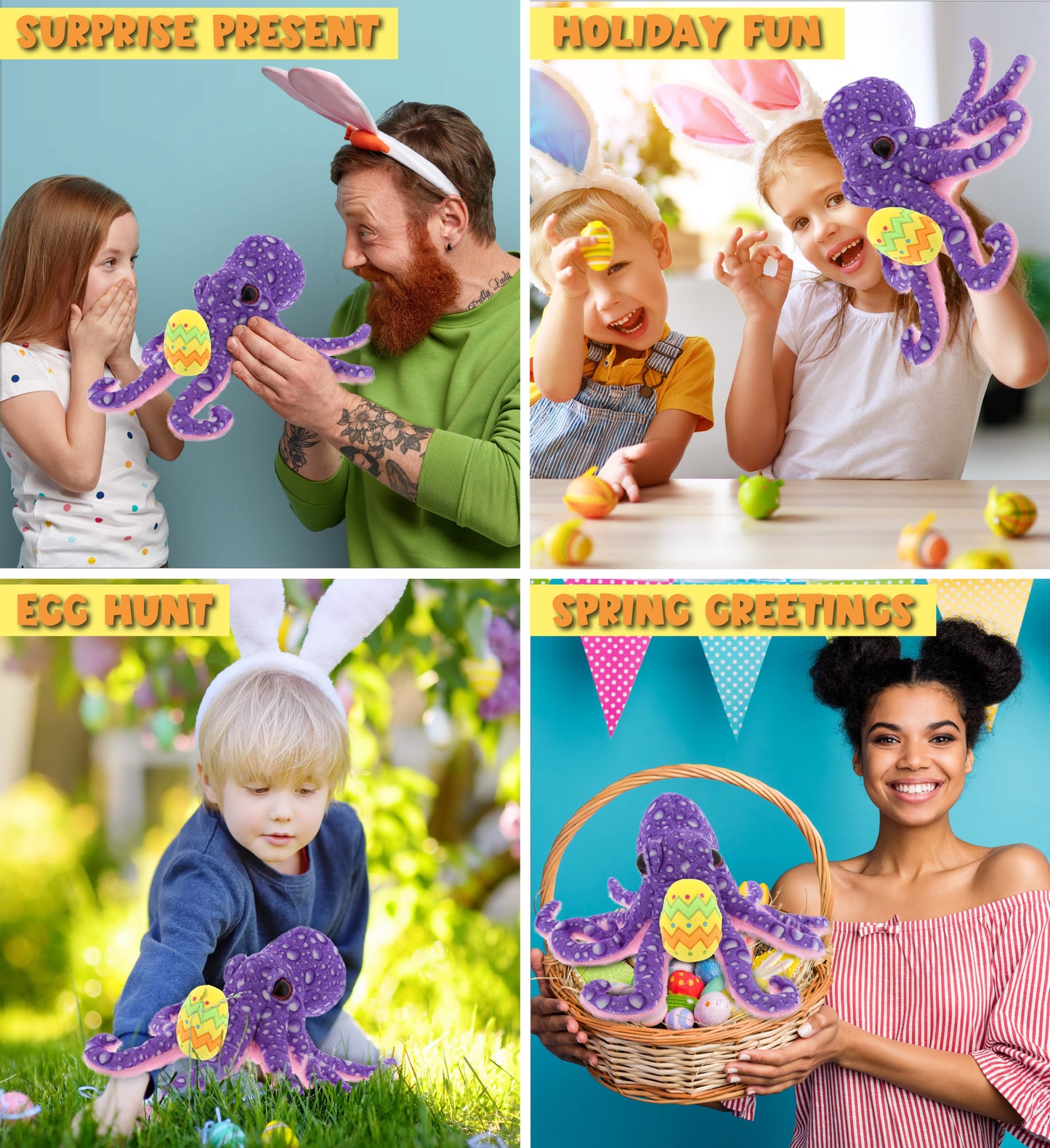 DolliBu Wild Collection Purple Octopus with Yellow Easter Egg Plush - 12 Inches