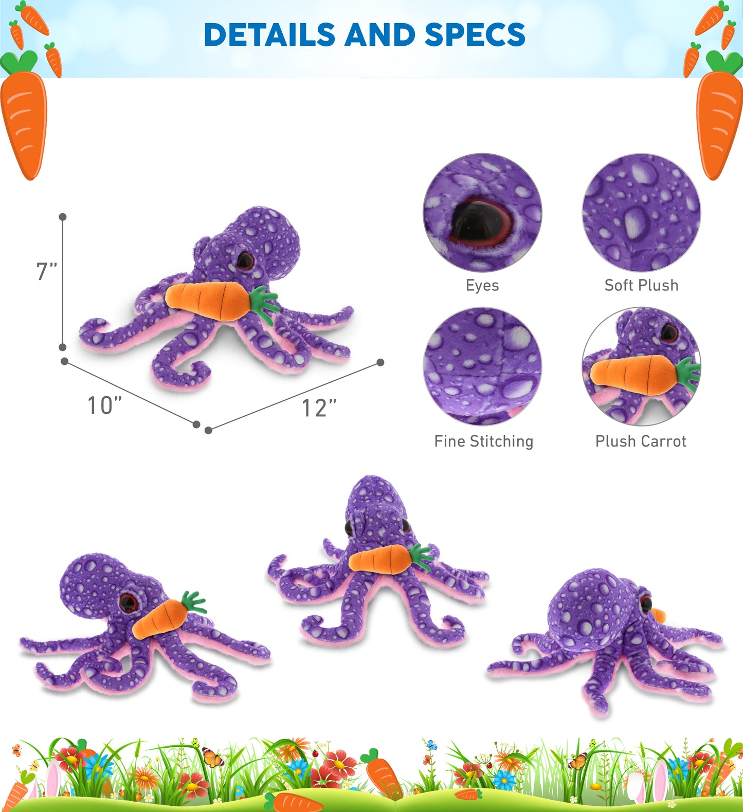 DolliBu Happy Easter Soft Plush Purple Octopus with Carrot Plush - 12 Inches