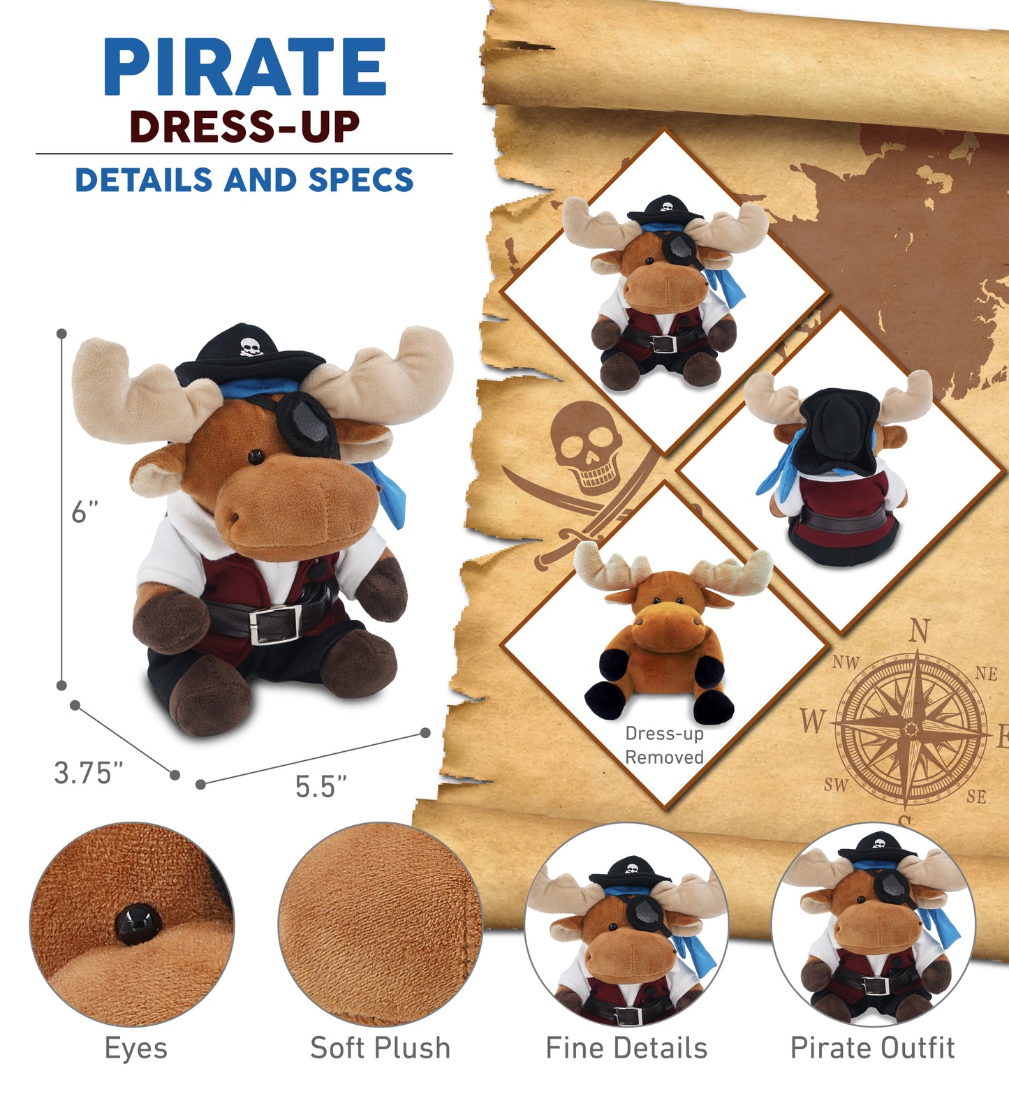 6" PLUSH - MOOSE WITH PIRATE DRESS UP