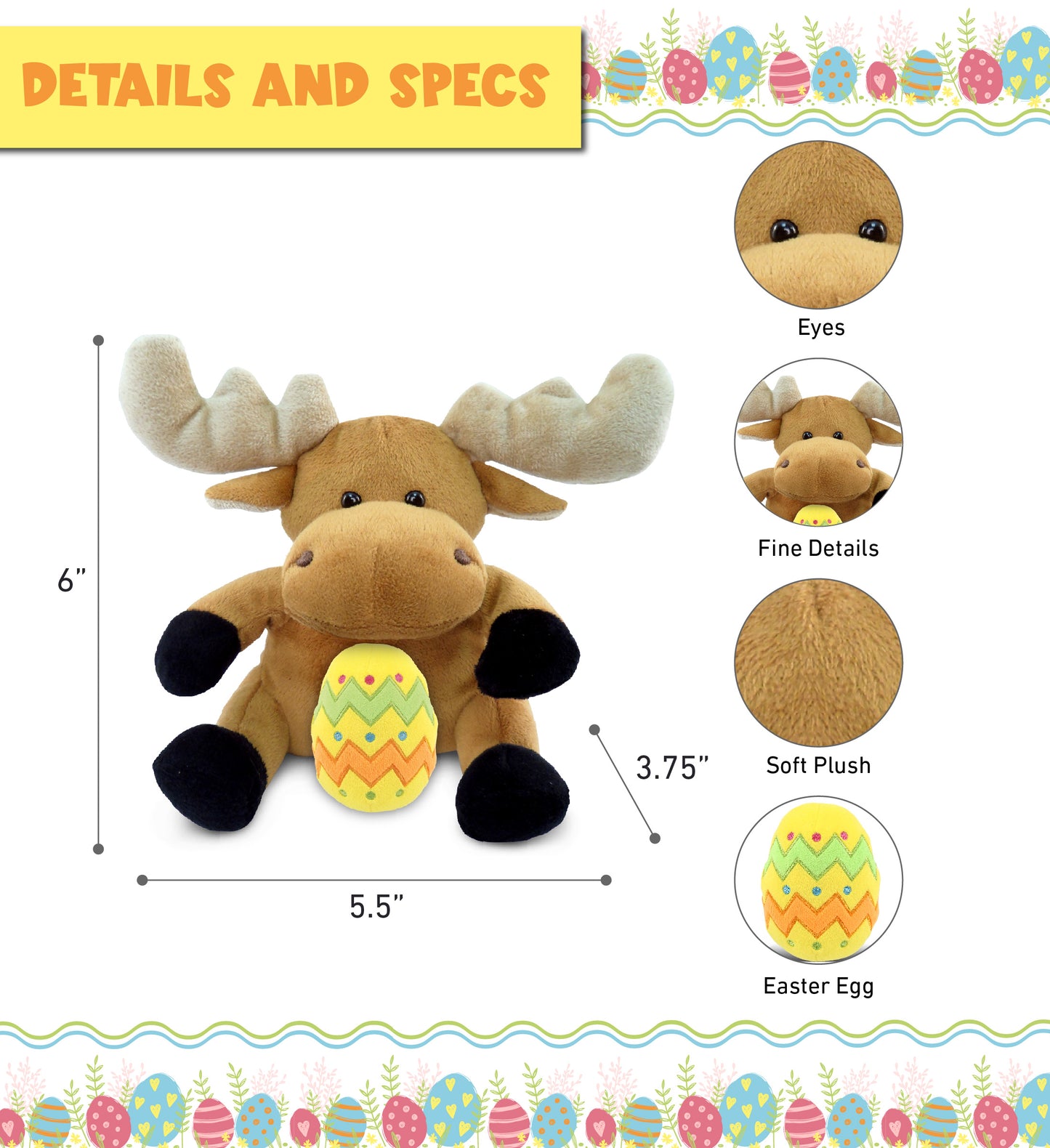 DolliBu Super Soft Cute Moose with Yellow Easter Egg Plush Toy - 6 Inches