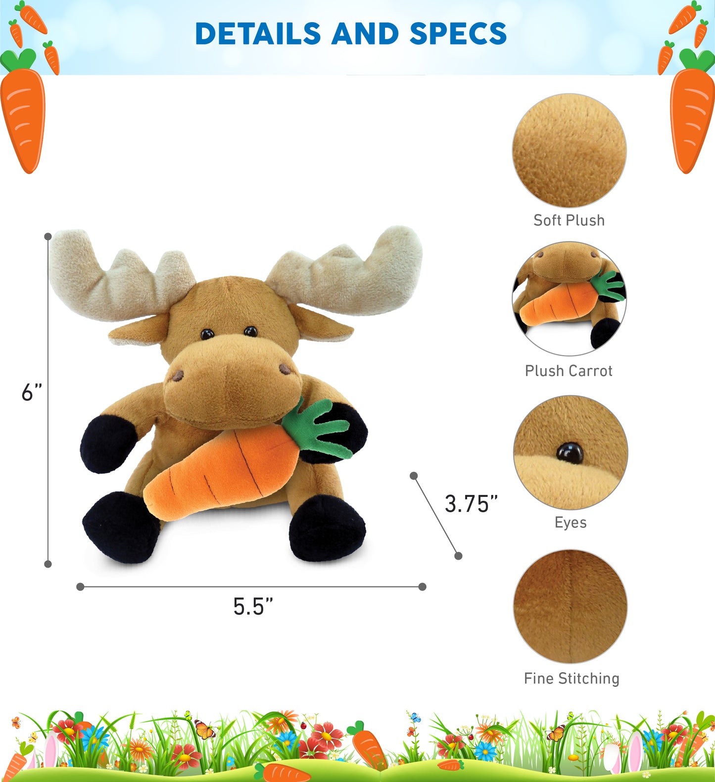 DolliBu Happy Easter Super Soft Plush Moose with Carrot Plush Toy - 6 Inches