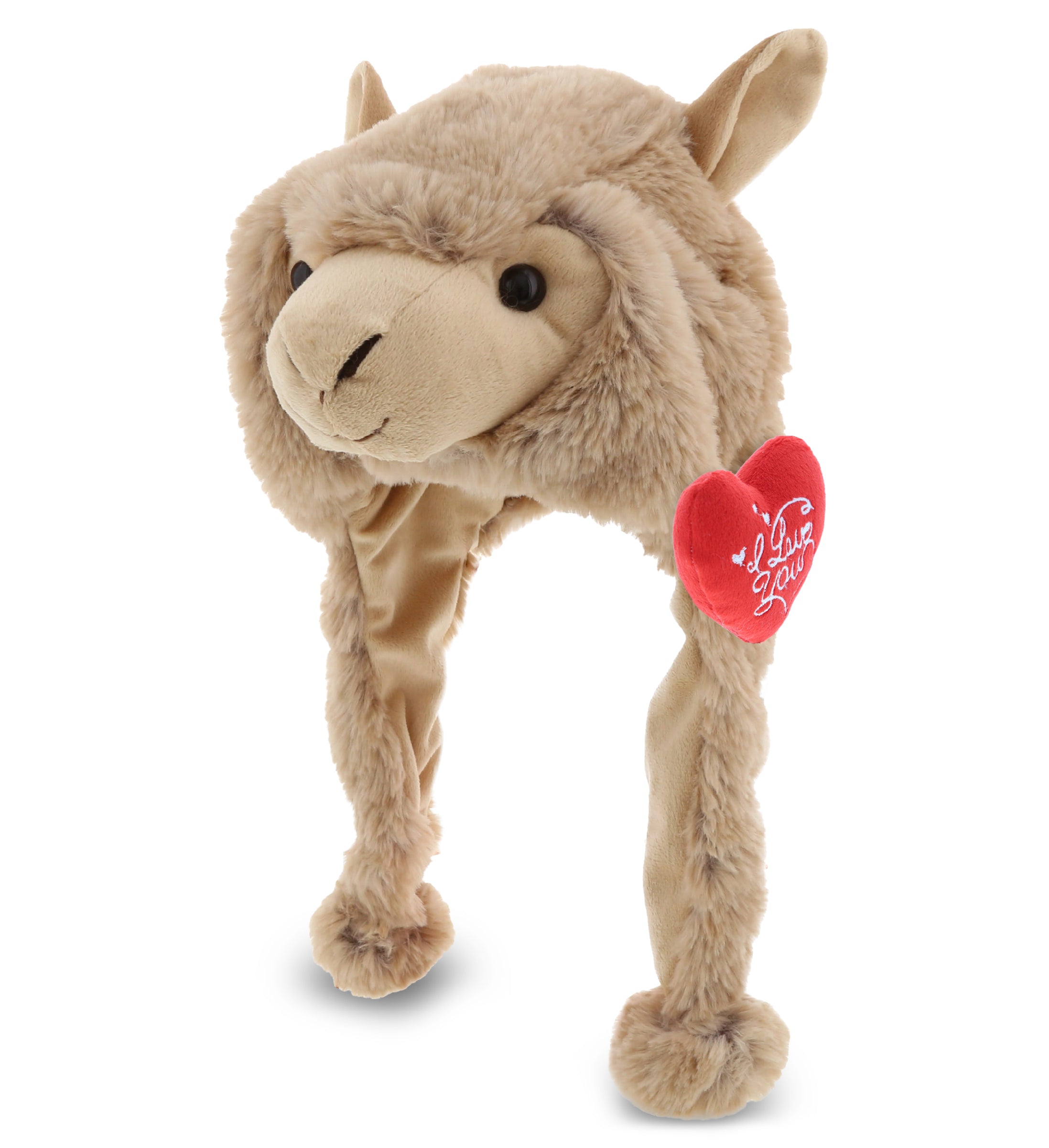 PLUSH I LOVE YOU RED HEART - SUPER SOFT PLUSH HAT - BROWN LLAMA