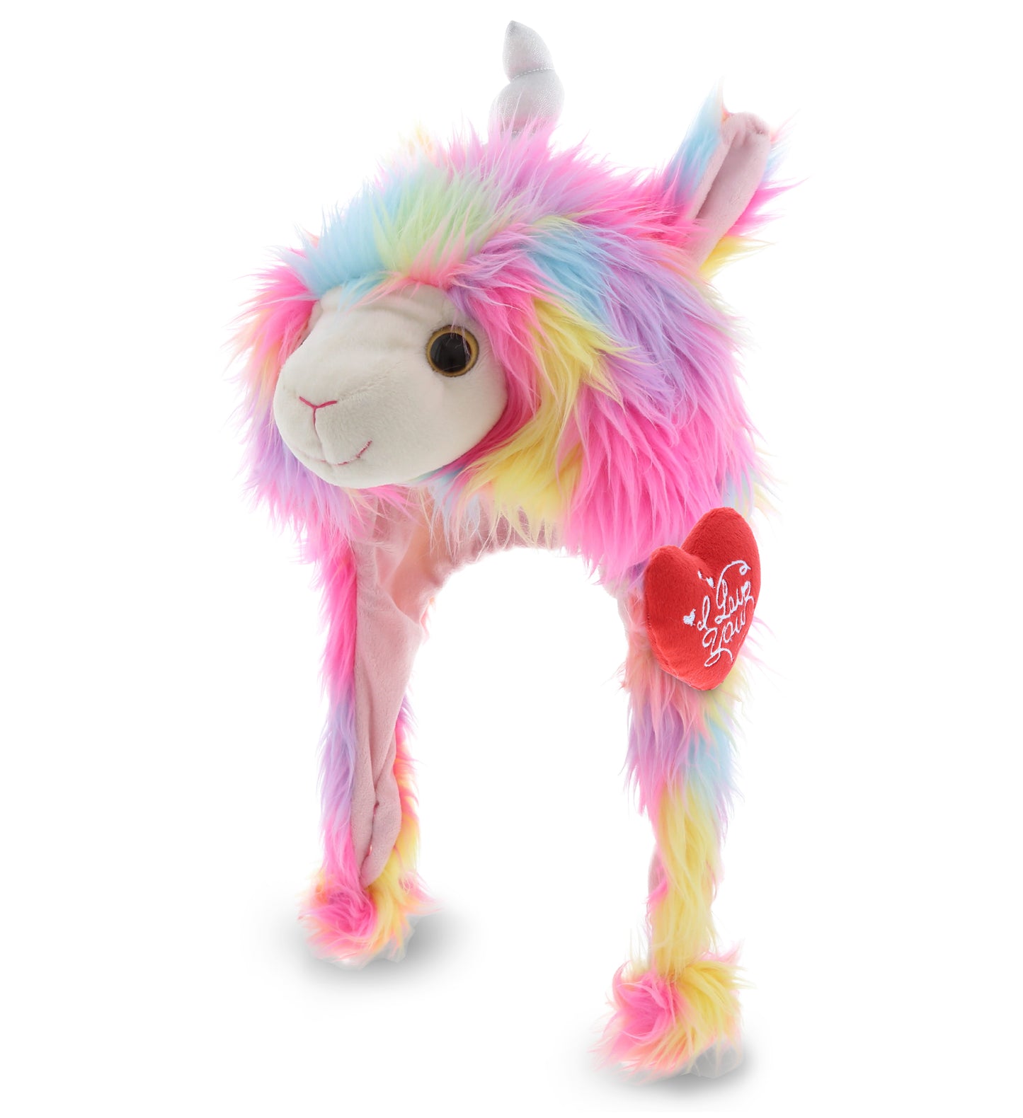 PLUSH I LOVE YOU RED HEART - SUPER SOFT PLUSH HAT - RAINBOW LLAMACORN